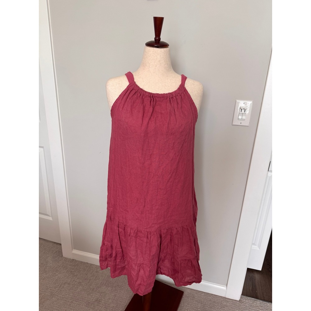 BELLAMBRA | Linen Halter Dress Women S Pink Ruffle Tiered Made in Italy Boho